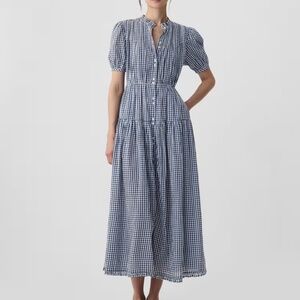 Gap x Doen Navy Blue Gingham Puff Sleeve Midi Dress